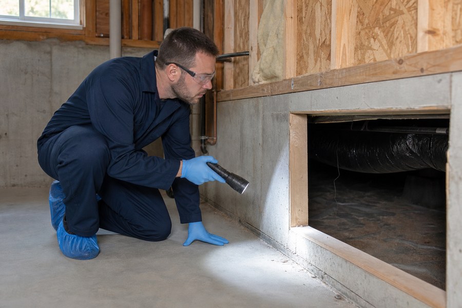 Technician inspecting a basement foundation joint for pest entry points