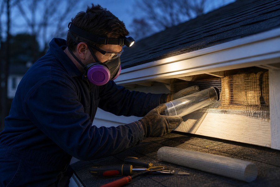 Technician installing a one-way bat exclusion device at an attic gap