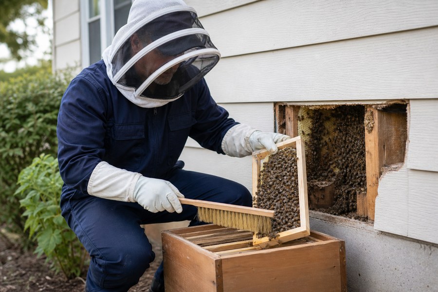 Bee-removal specialist transferring bees into a transport hive