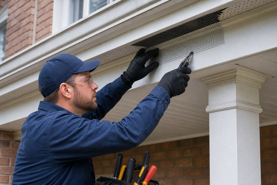 Technician fitting bird-exclusion mesh beneath a porch overhang