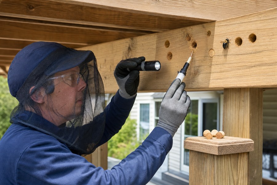 Technician treating carpenter bee holes in a porch beam