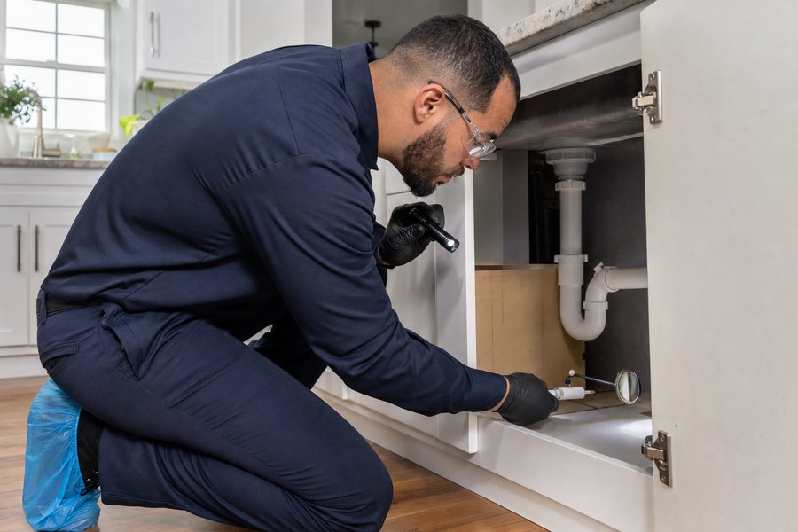 Technician inspecting plumbing beneath a kitchen sink for cockroaches