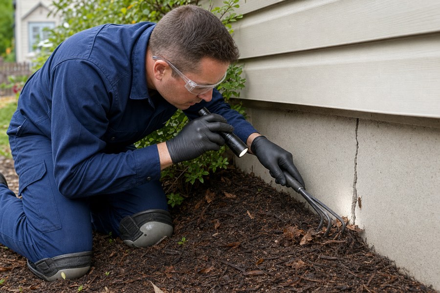 Technician inspecting damp mulch and sealing an earwig entry gap