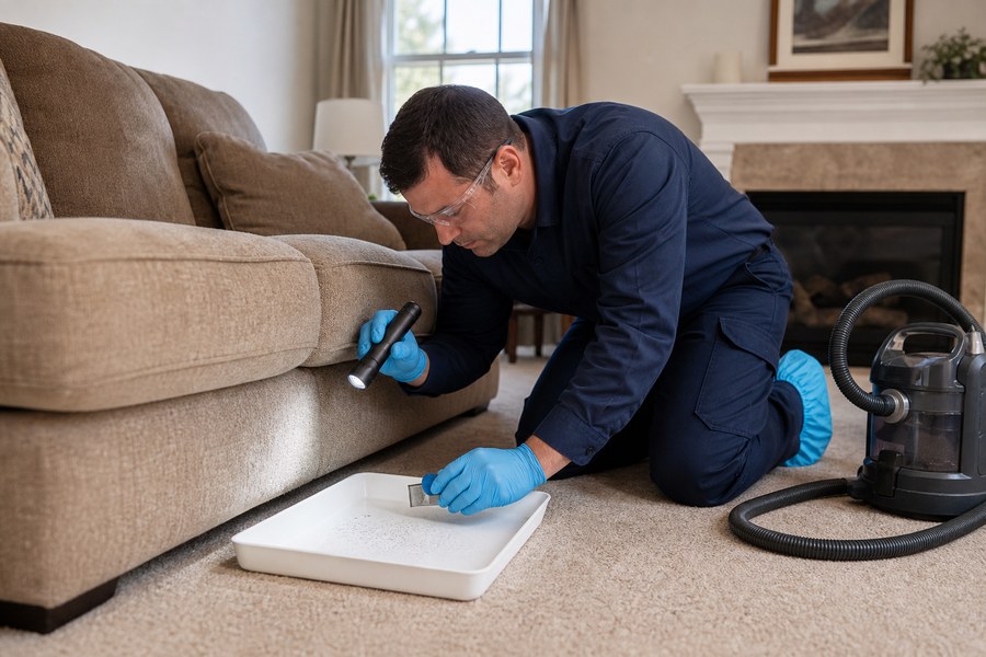 Technician inspecting carpet and furniture during flea control service