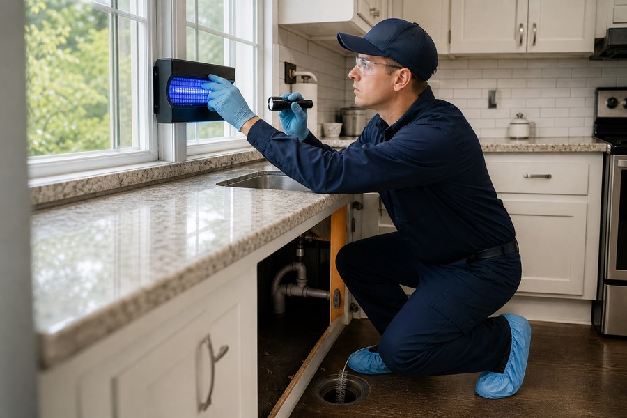 Technician installing and checking a fly monitoring device