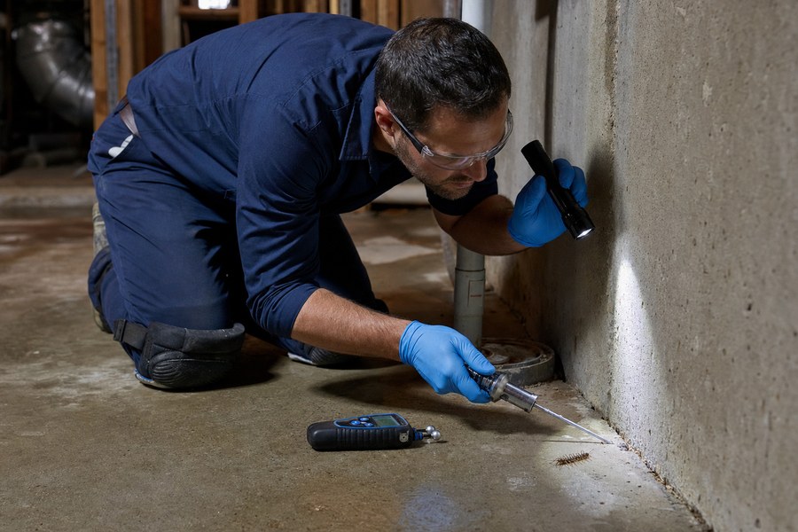 Technician inspecting a basement crack for house centipedes