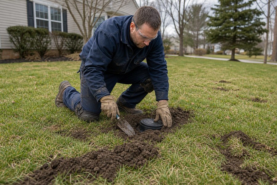 Technician inspecting mole tunnels and vole runways in a lawn