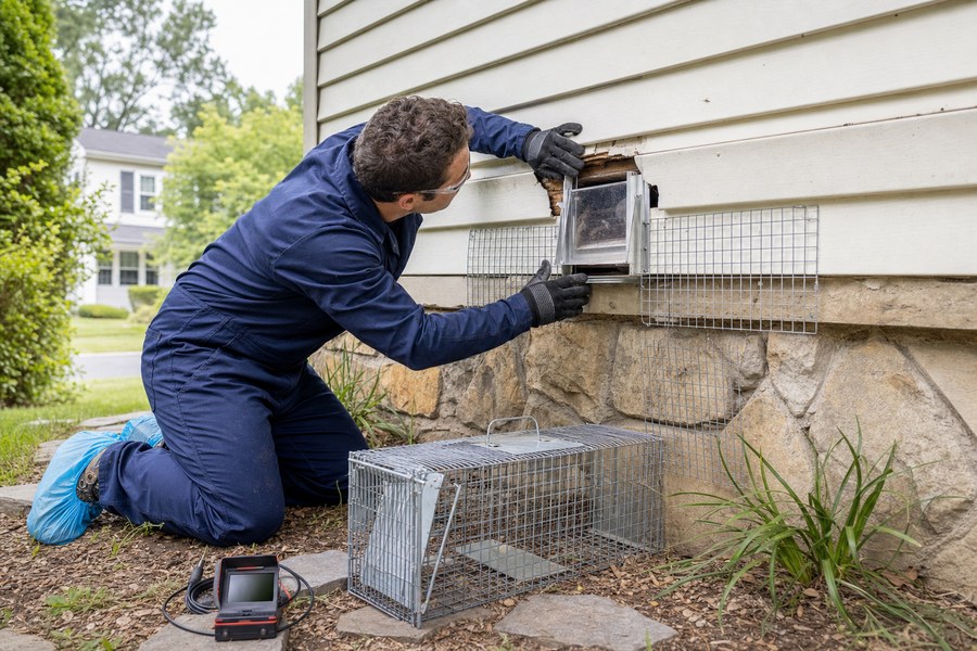 Technician installing a one-way raccoon exclusion door at a soffit