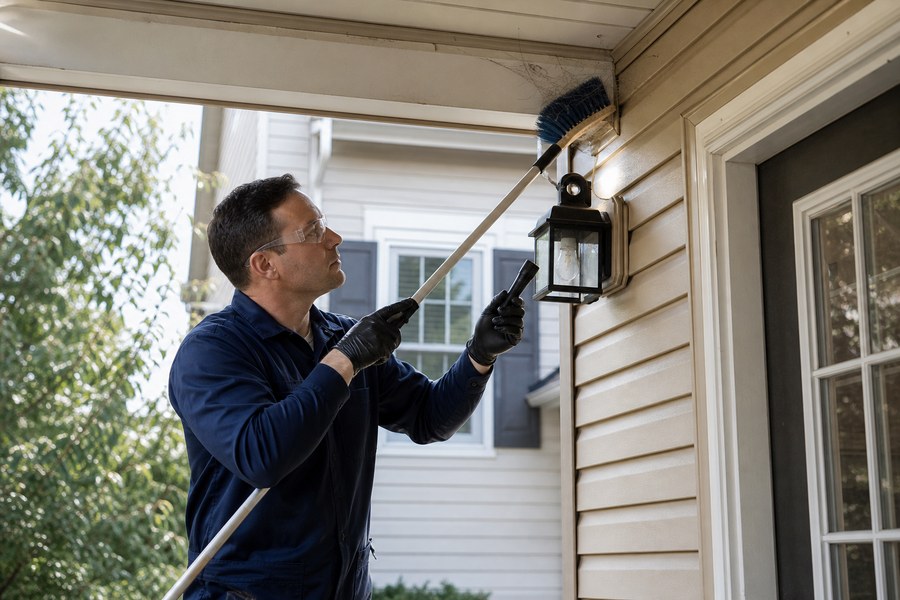 Technician removing spider webs from a residential porch
