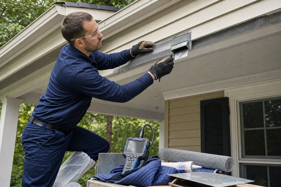 Technician installing a squirrel exclusion door at a roofline gap