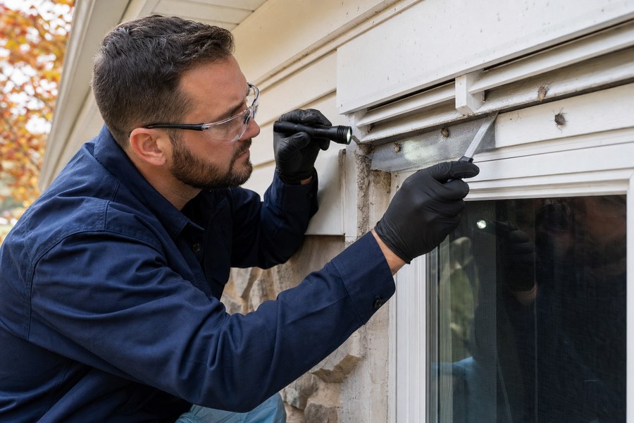 Technician sealing exterior gaps used by stink bugs