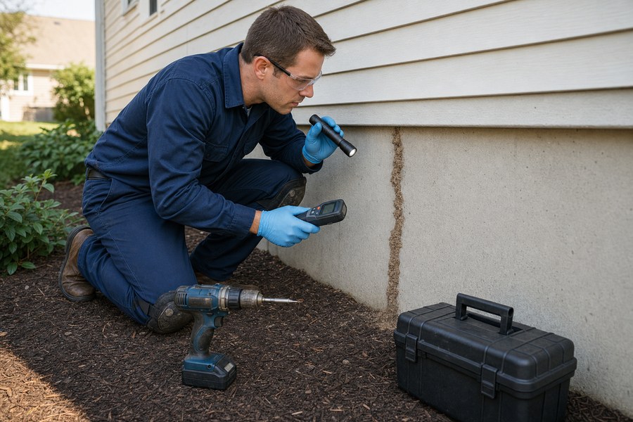 Technician inspecting a Maryland home foundation for termite activity