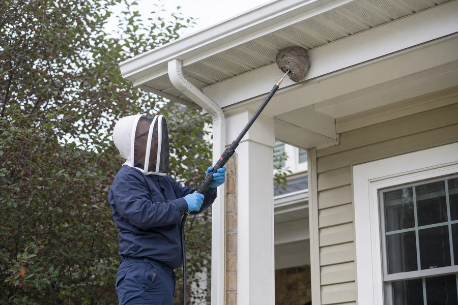 Protected technician treating a paper wasp nest beneath an eave