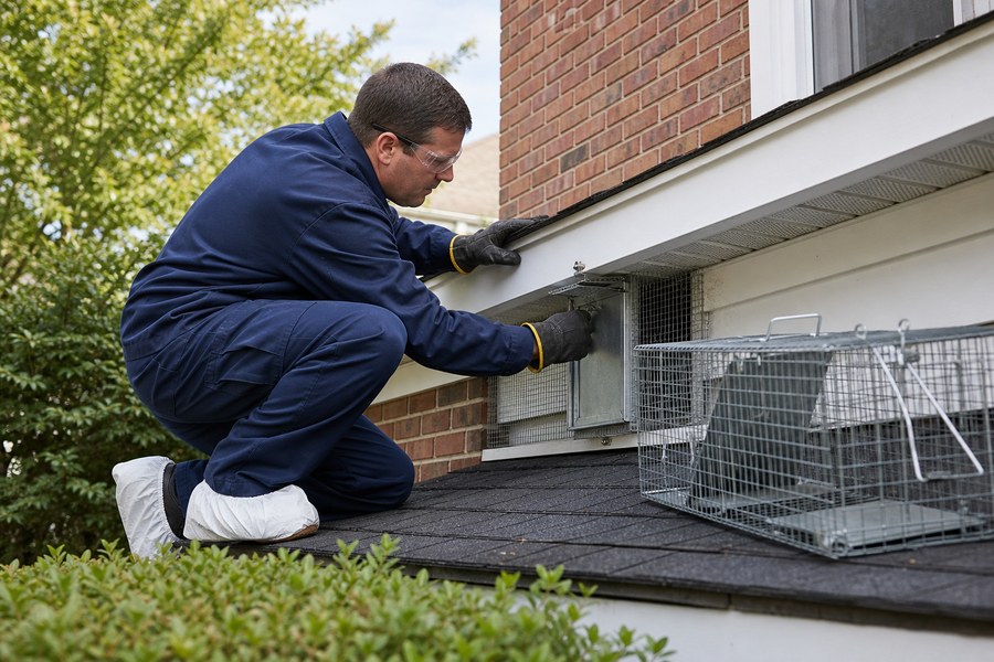 Technician installing a wildlife exclusion door at an attic entry point