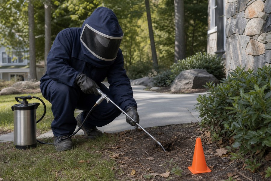 Protected technician treating a yellow jacket ground nest
